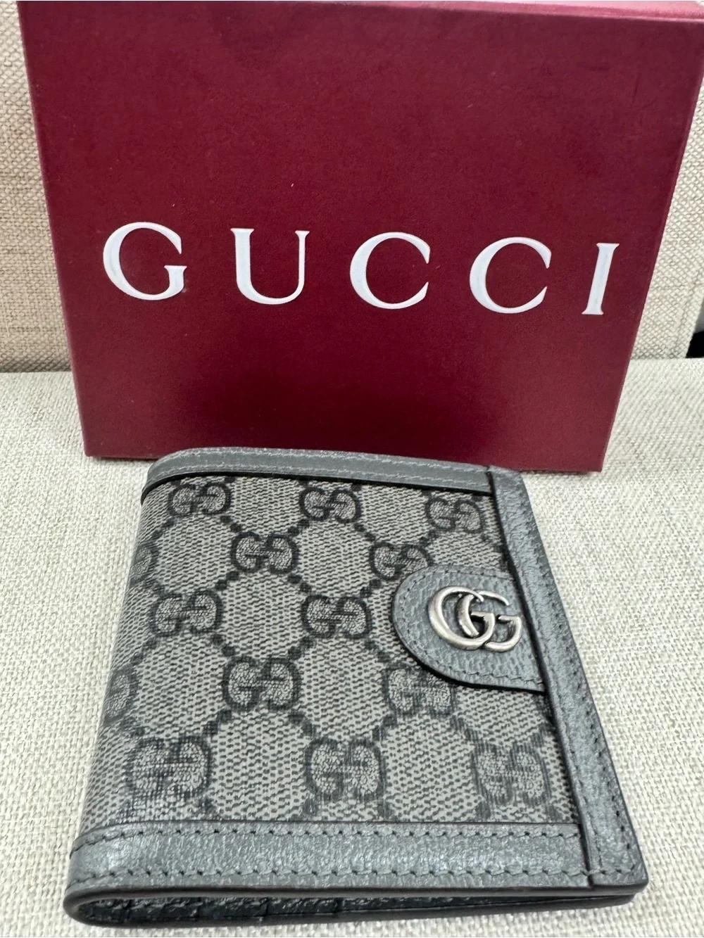 Gucci Gray GG Monogram Bifold Wallet with Silver Double G